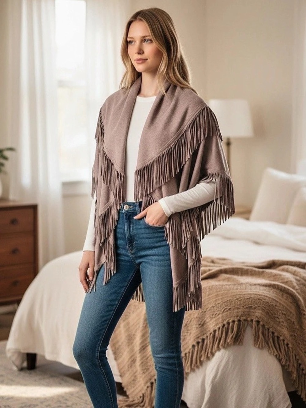 Look Faux Suede Fringed Wrap in Gray Open